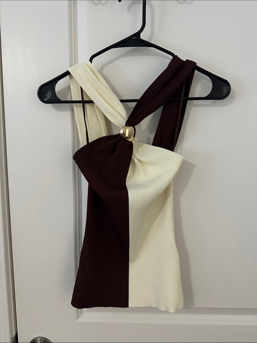 Zara Two-Tone One-Shoulder Knot Dress in Cream and Brown